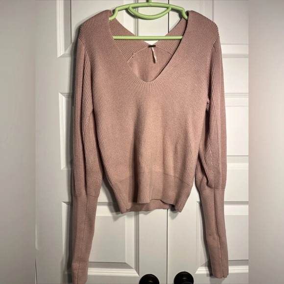 Free People Blush Reverie V-Neck Rib Knit Sweater Balloon Sleeve Size XS - Picture 1 of 12